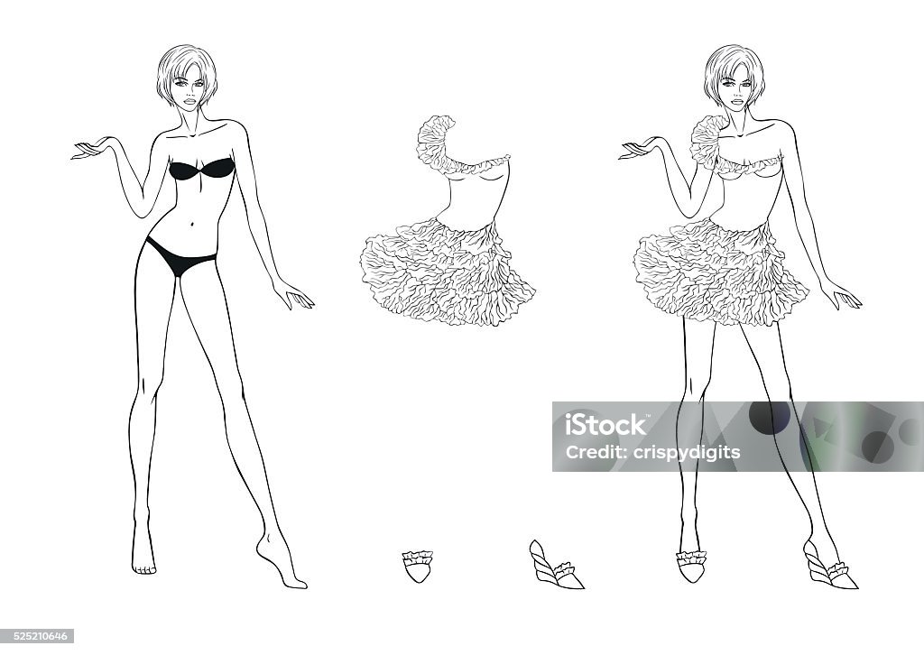 Coloring page paper doll and flower fantasies clothes stock illustration