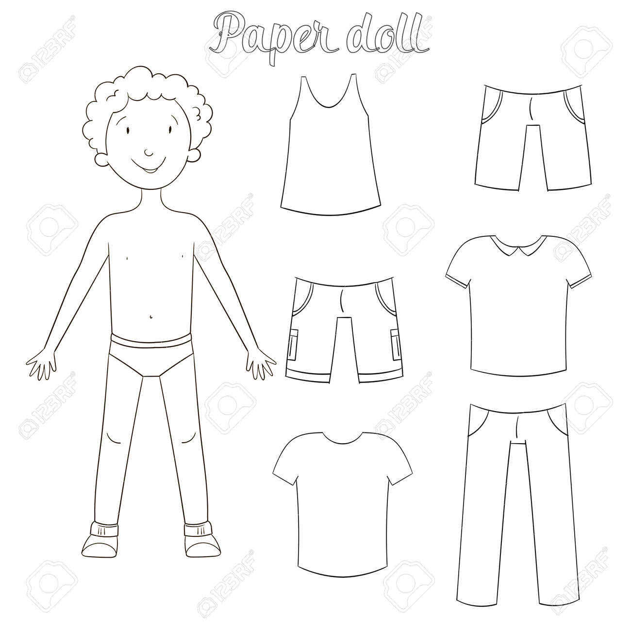 Paper doll boy and clothes coloring book cartoon doodle hand drawn vector illustration royalty free svg cliparts vectors and stock illustration image