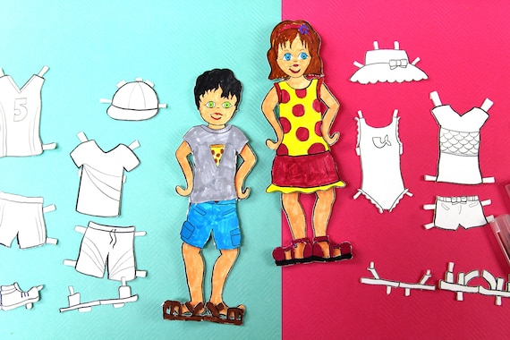Printable paper dolls for boys girls summer dress up paper craft template coloring pages for kids paper toy pdf instant download by moms crafters catch my party