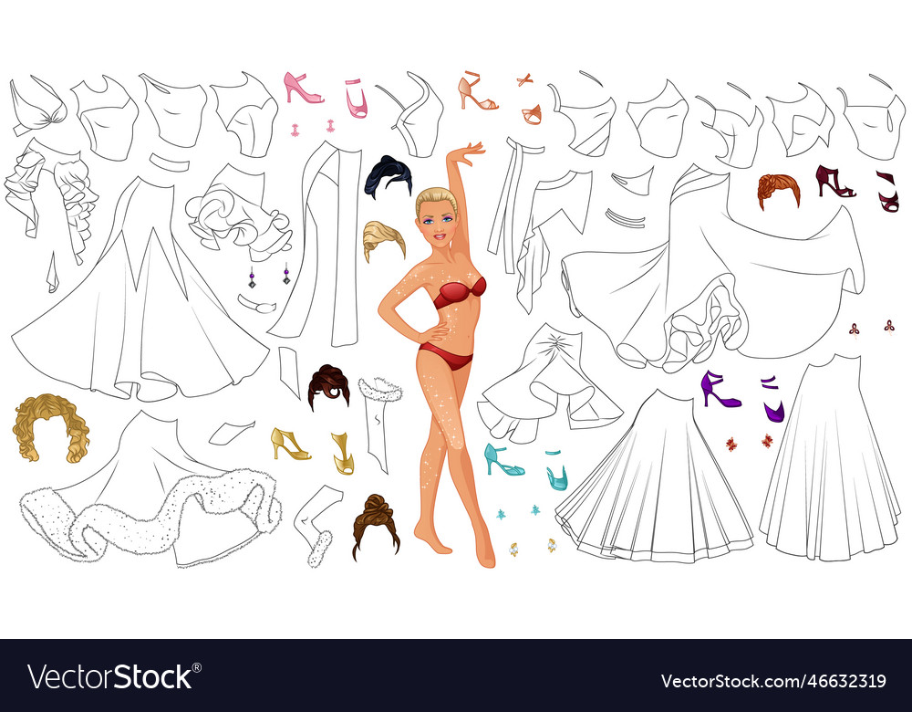 Ballroom dancing coloring page paper doll vector image
