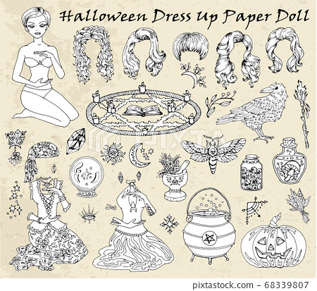 Set of dress up paper doll with halloween witch