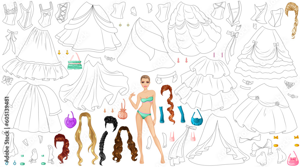 Princess gown coloring page paper doll with dress hairstyles and accessories vector illustration vector