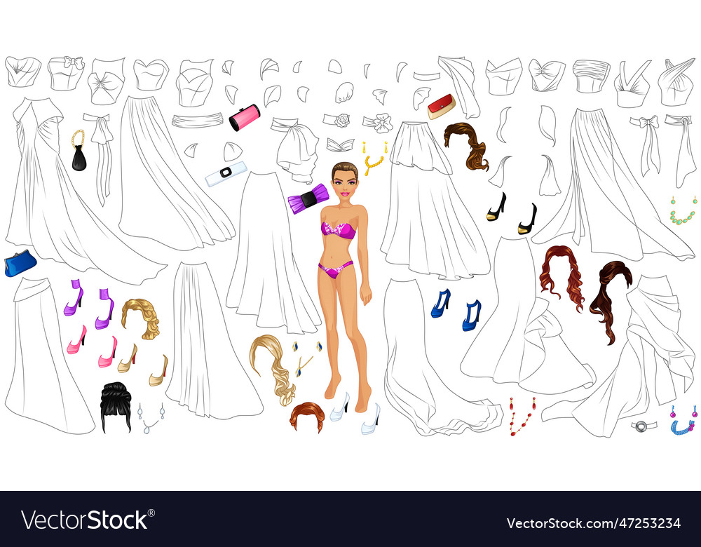Red carpet dress coloring page paper doll vector image