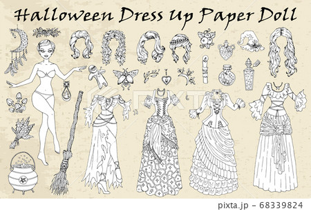 Set of dress up paper doll with halloween