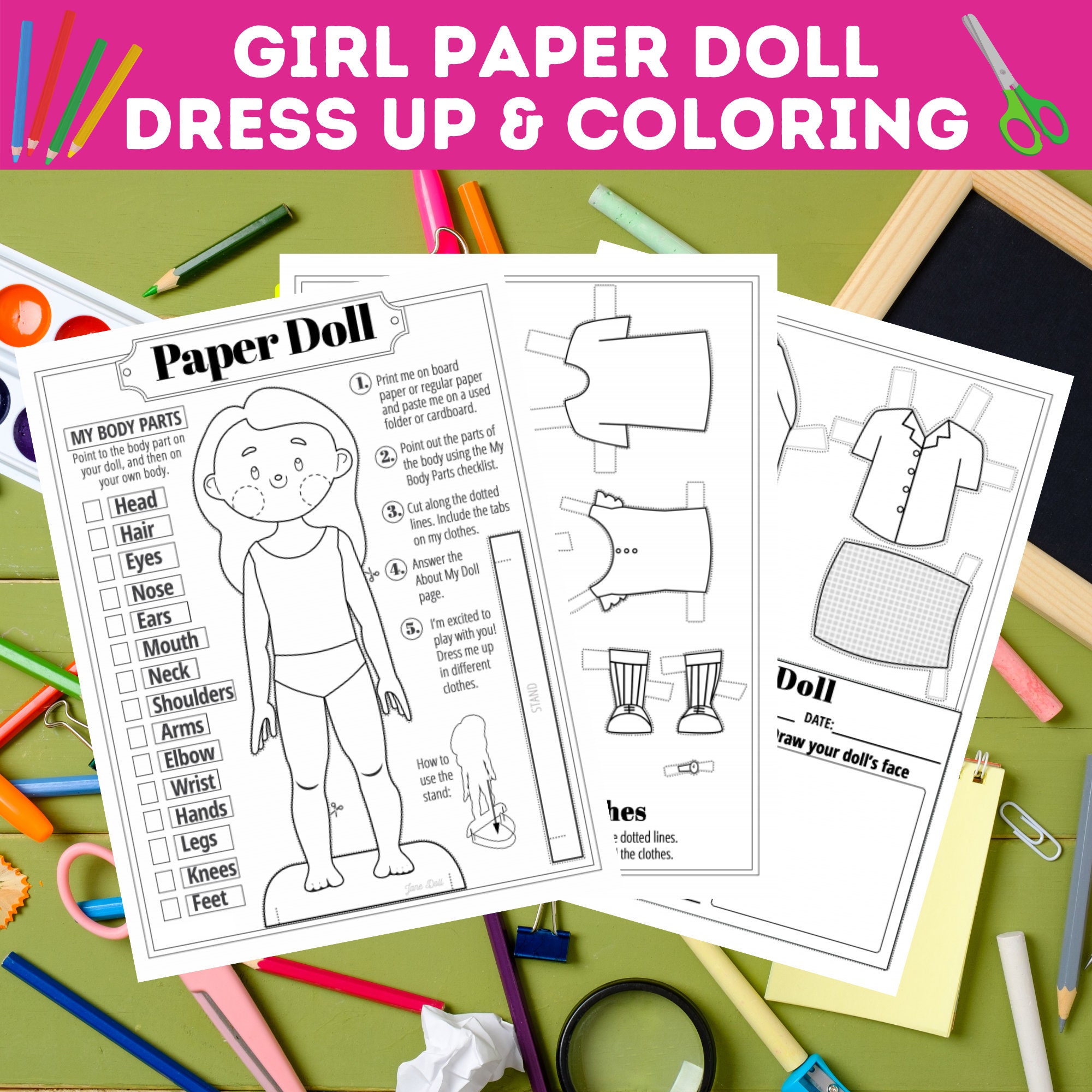 Girl paper doll dress up and coloring pages es with stand body parts checklist and about my doll card kids birthday party activity