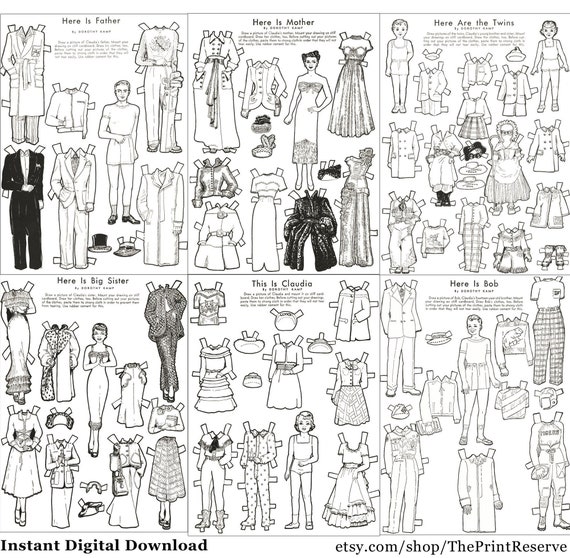 Paper doll family coloring pages printable instant digital download