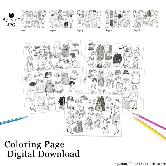 Paper doll coloring pages printable instant digital download