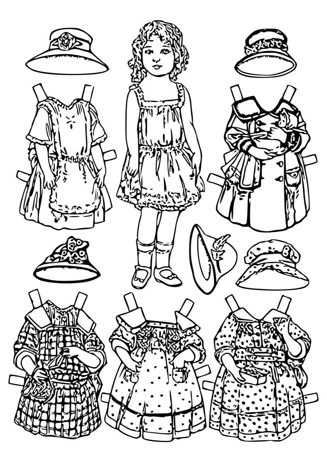 Free printable paper doll old style coloring page for adults and kids