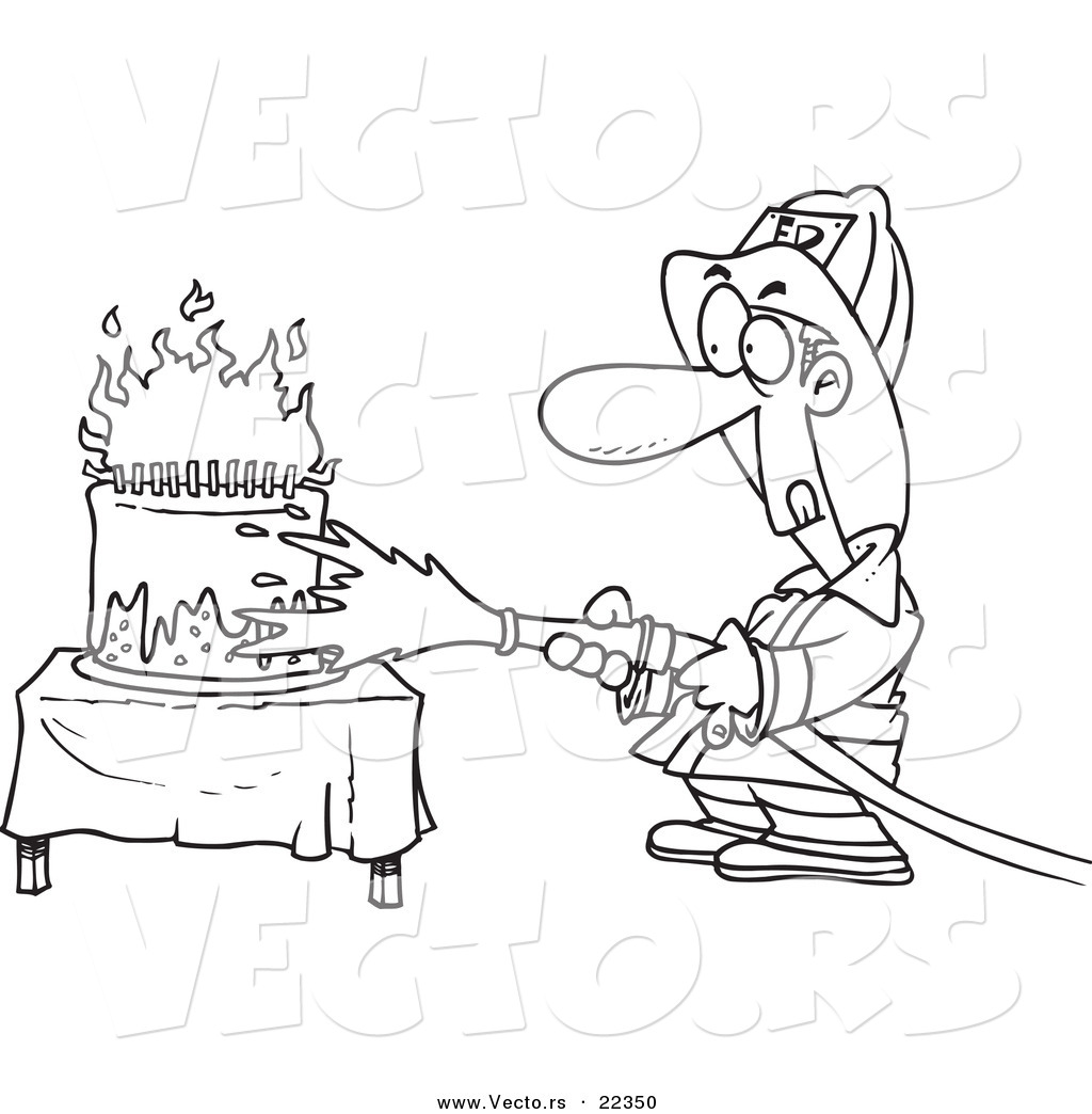 R of a cartoon fireman extinguishing a birthday cake