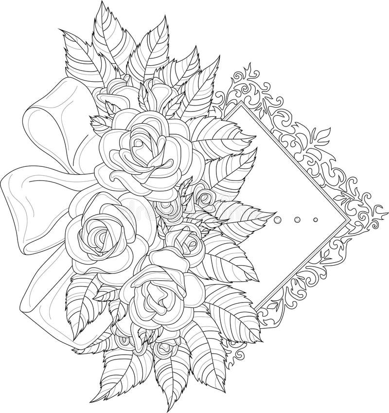 Realistic rose flower bouquet with bow on vintage frame sketch clipart template vector illustration in black and white stock vector