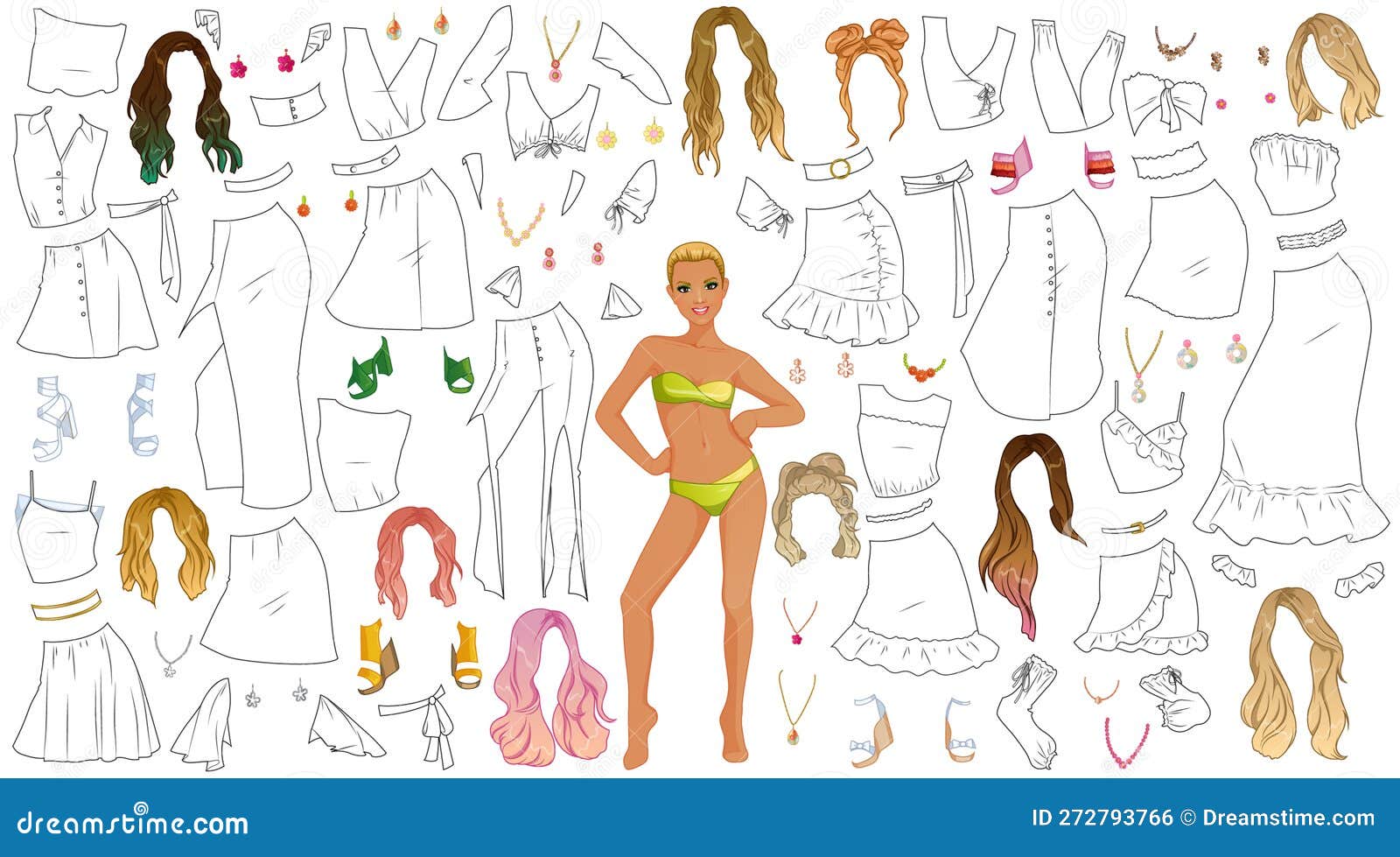 Flower power coloring page paper doll stock vector