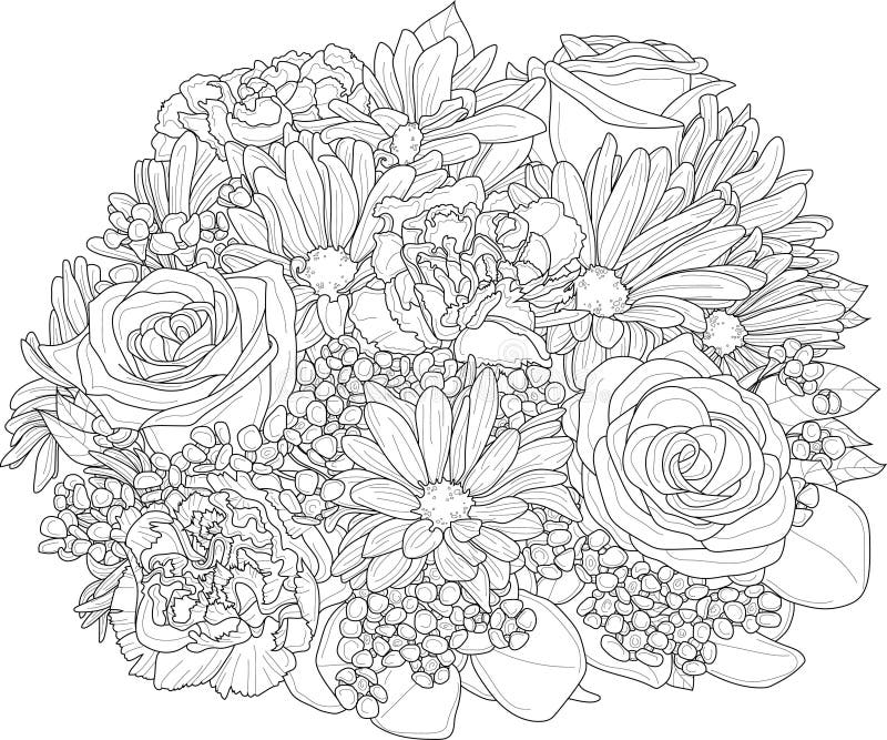 Mix flowers bouquet with roses carnation flowers and gerbera daisy sketch vector illustration in black and white with small flow stock vector