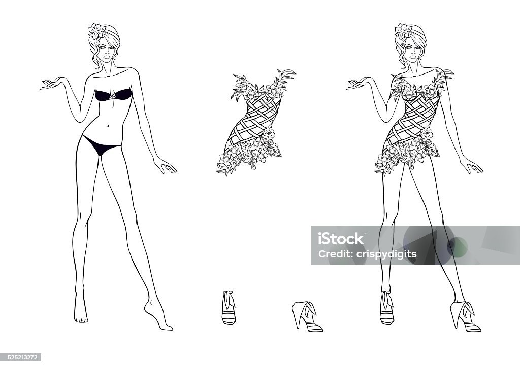 Coloring page paper doll and flower fantasies clothes for her stock illustration