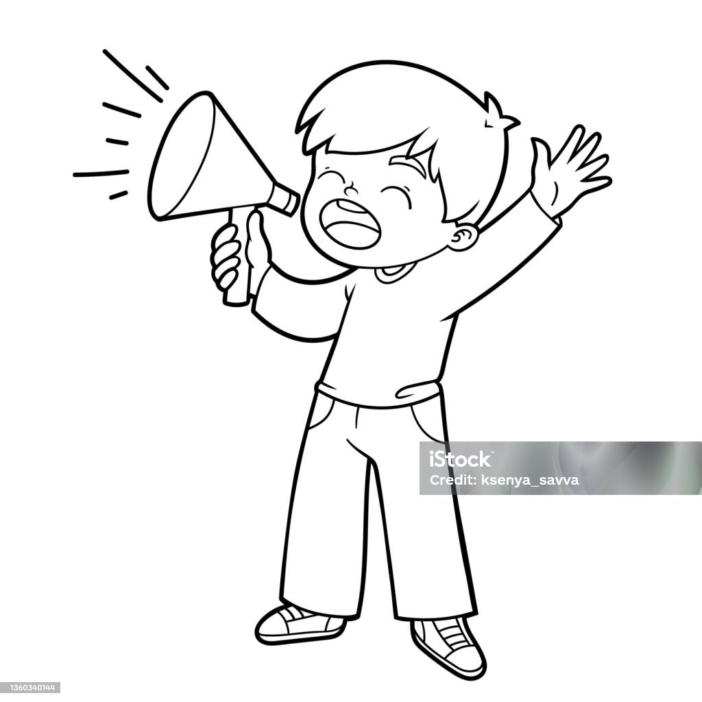 Coloring book for kids boy shouting through a megaphone stock illustration