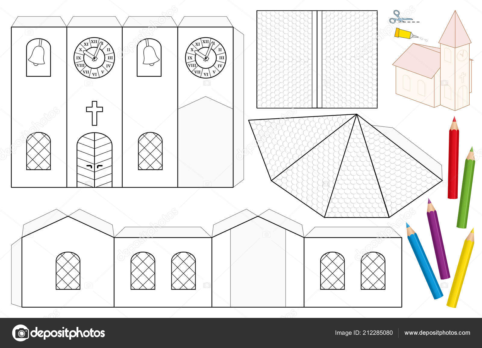 Church paper craft sheet unpainted cut out template children coloring stock vector by furian