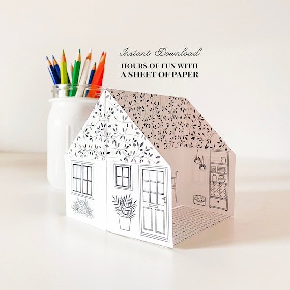 Printable origami paper house ivy cottage coloring page kids activity instant download paper dollhouse paper craft