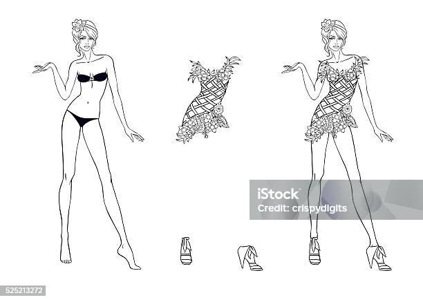 Coloring page paper doll and flower fantasies clothes for her stock illustration
