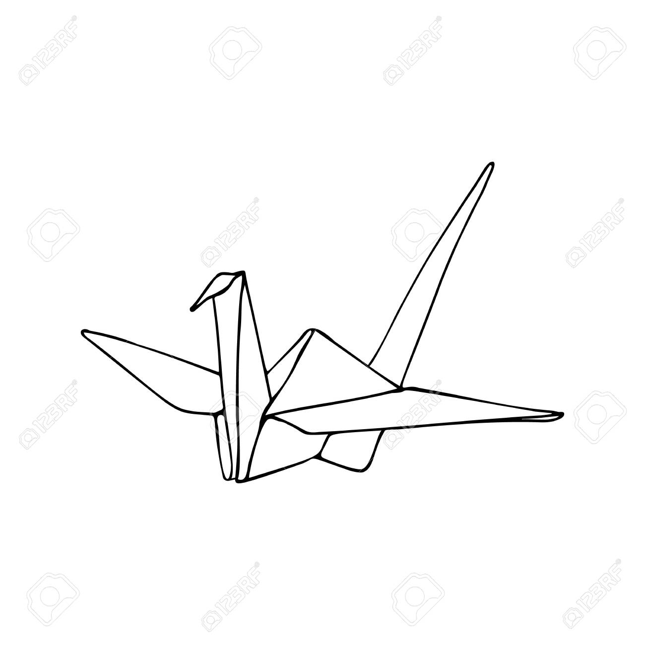 Origami crane isolated on white background black outline hand