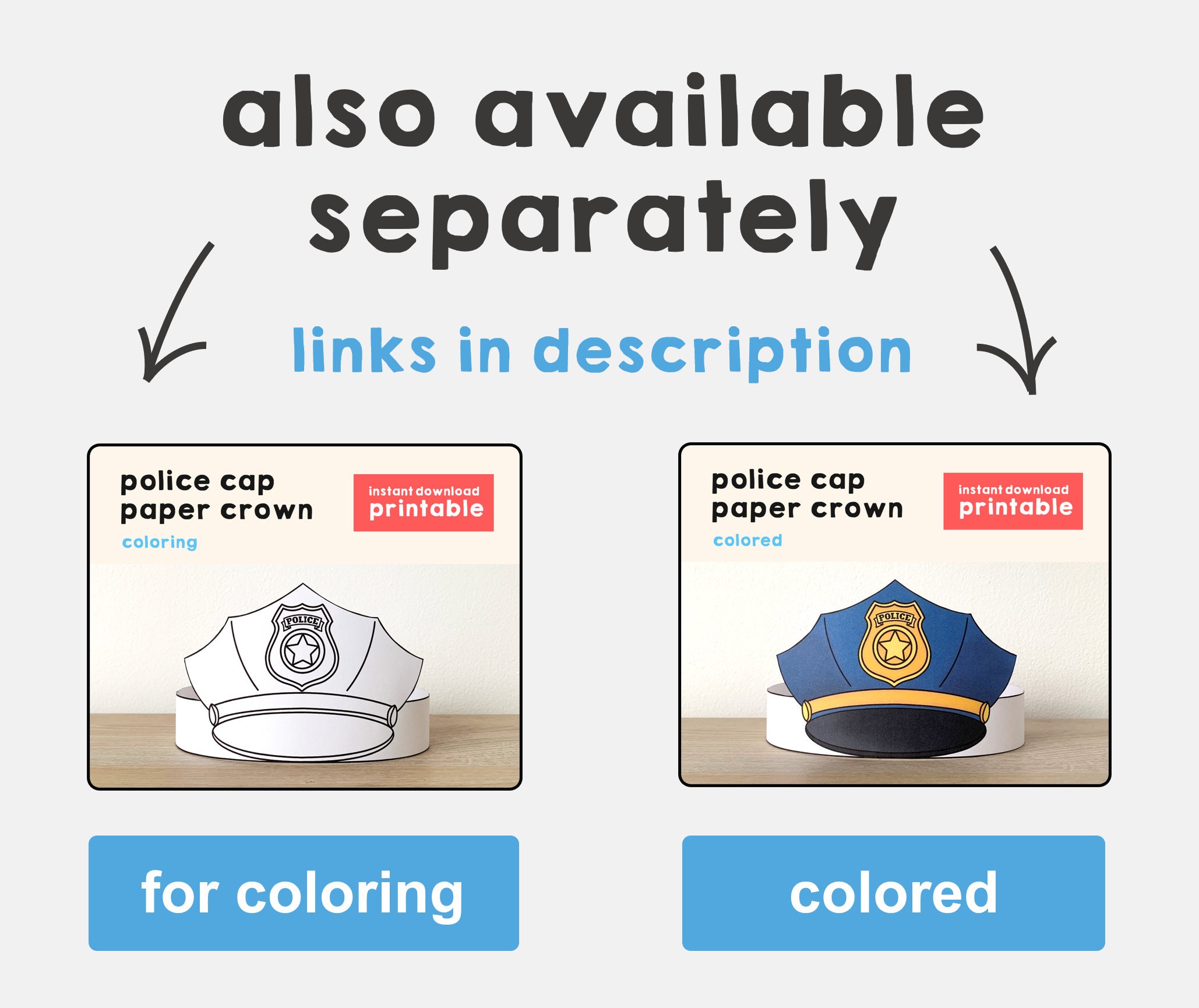 Police cap hat paper crown party coloring printable kids craft policeman costume birthday printable favor pdf costume diy instant download