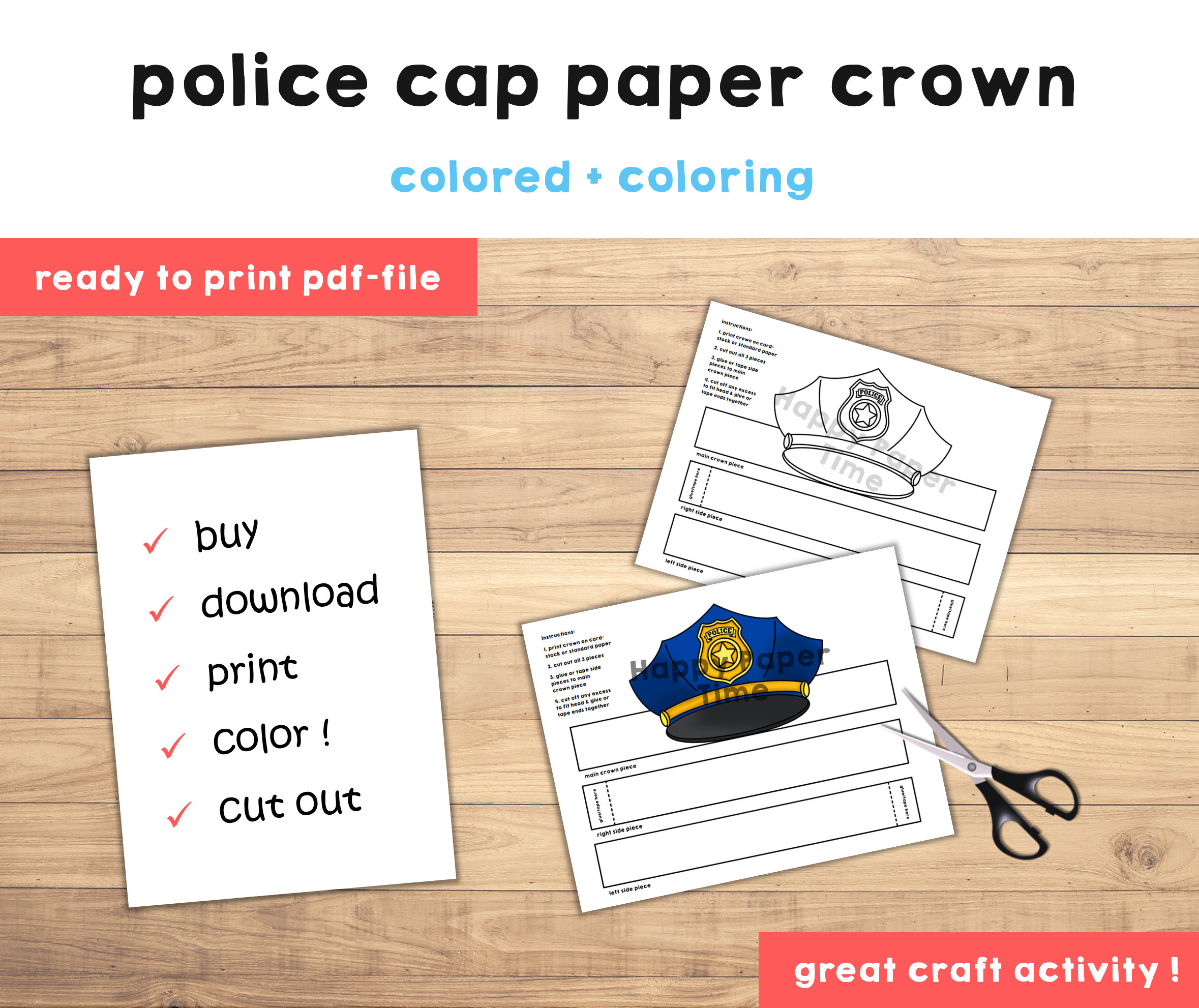 Police cap hat paper crown party coloring printable kids craft policeman costume birthday printable favor pdf costume diy instant download