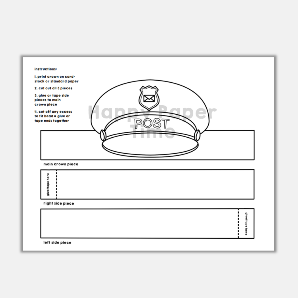 Postman mail carrier hat cap paper crown printable coloring craft activity made by teachers