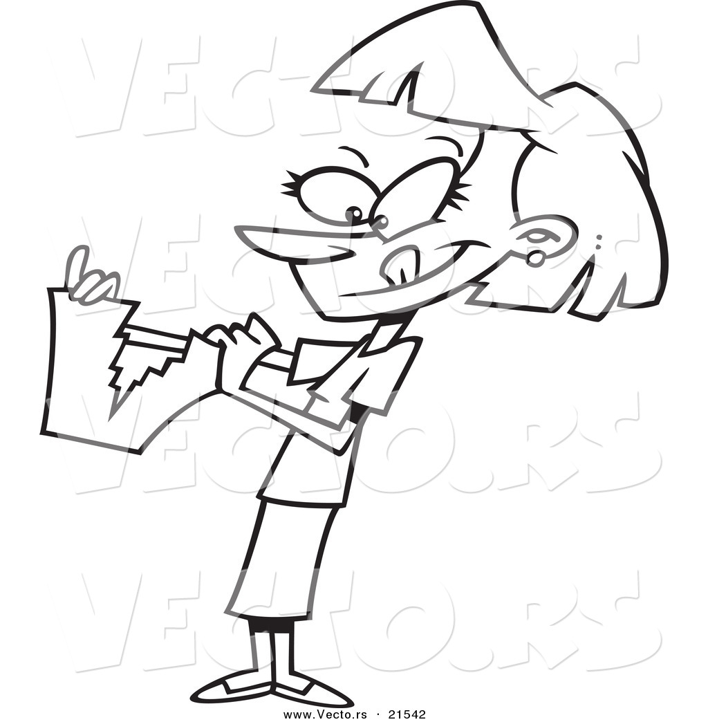 R of a cartoon businesswoman tearing up paperwork