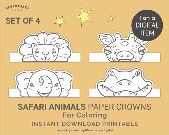 Safari animal coloring paper hats diy lion giraffe elephant crocodile black and white paper crowns to color safari party supply
