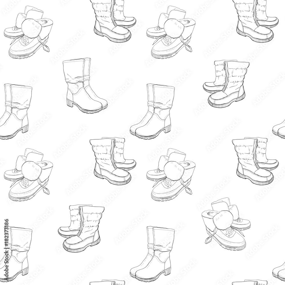 Illustration of hand drawn sketch seamless pattern of shoes sneakers boots high shoe snow boots for casual female coloring book wrapping paper vector