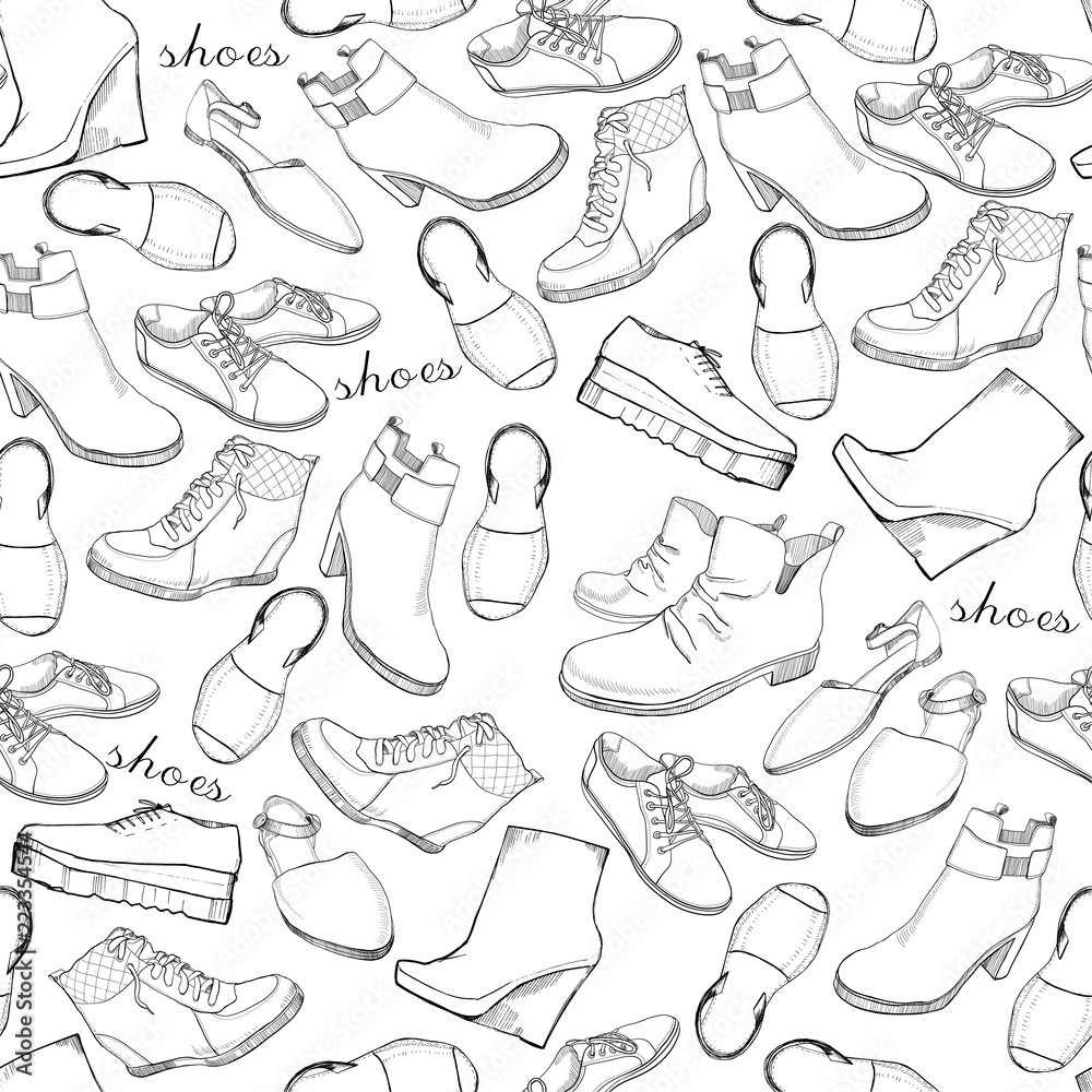 Hand drawn sketch seamless pattern of shoes running shoes sneakers boots flip flops boots moccasins loafer with lettering design element coloring book wrapping paper vector