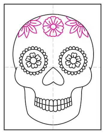 Day of the dead skull drawing for kids and coloring page