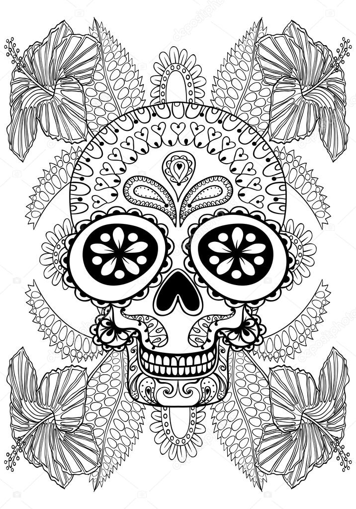 Hand drawn artistic skull in flowers for adult coloring page a stock vector by ipanki
