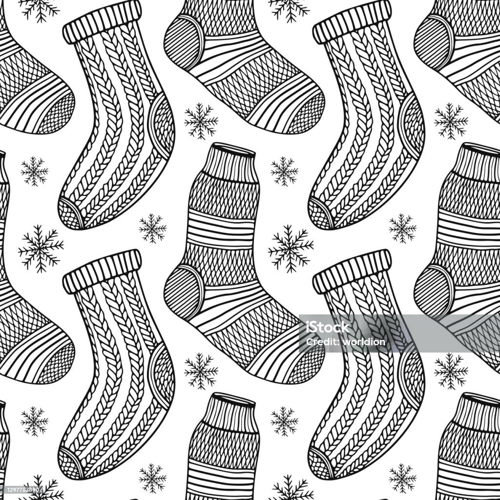 Knitted socks seamless pattern in hand drawn style winter wrapping paper coloring book page stock illustration