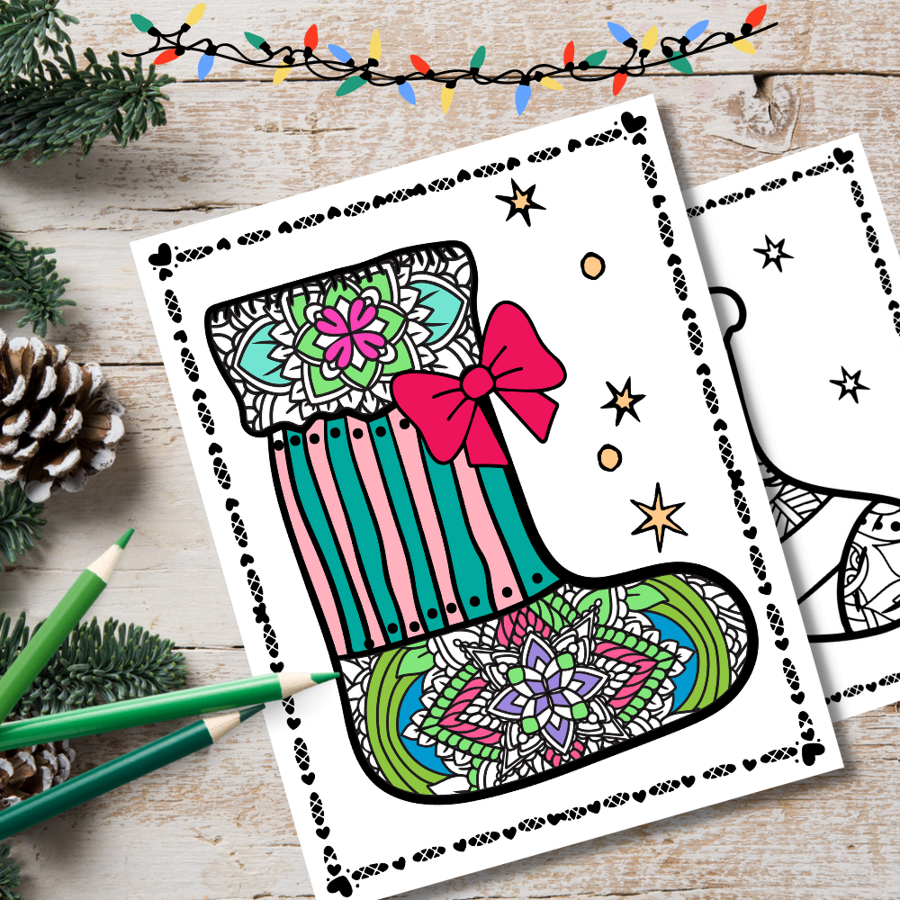 Christmas stocking zentangle coloring page socks mindfulness stress relief made by teachers