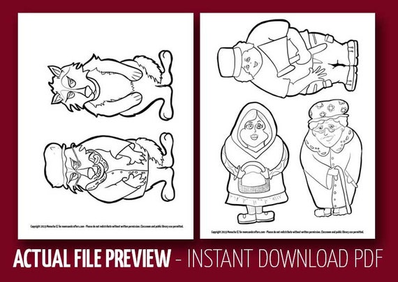 Kids activitiews and crafts little red riding hood puppets coloring pages printable paper toys kids literacy activity book craft instant download