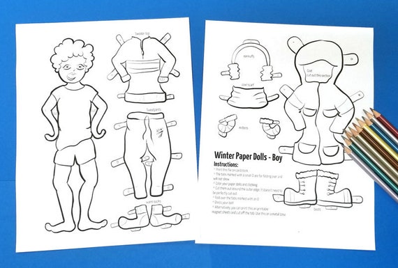 Printable paper dolls for winter boy coloring pages paper craft template diy paper toy for kids instant download kids craft template download now