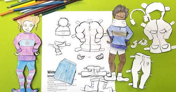 Printable paper dolls duo boy and girl winter coloring pages paper craft template paper toy instant download kids craft template