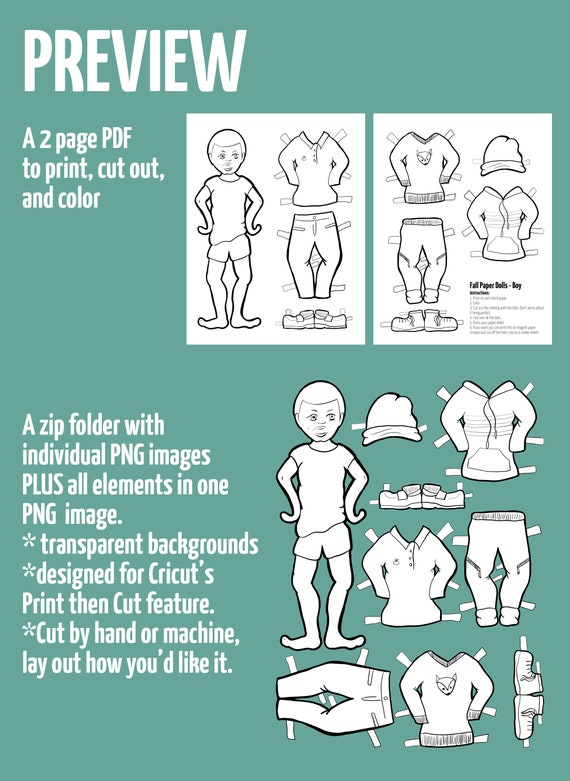 Printable paper dolls fall boy autumn paper craft template and coloring pages for kids paper toy for boys pdf instant download