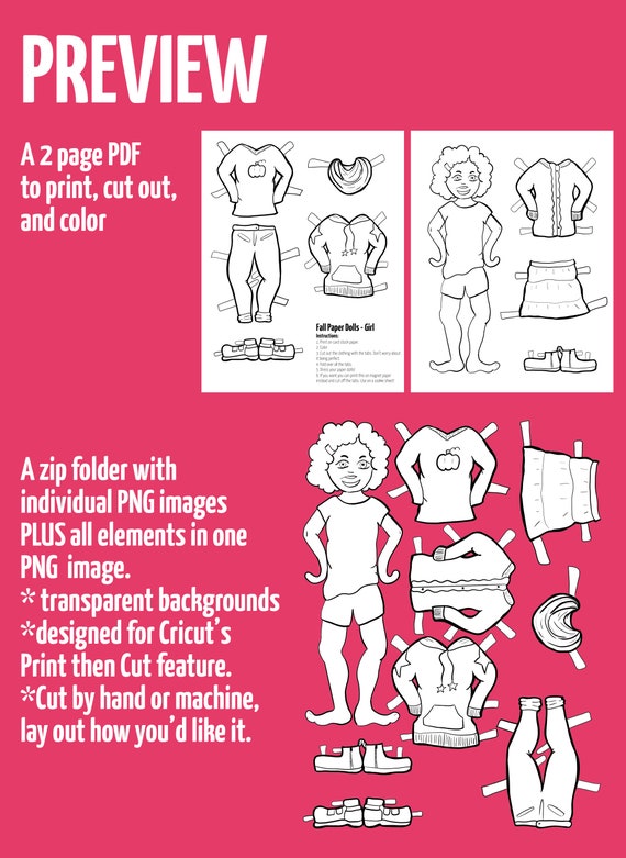 Printable paper dolls fall girl autumn paper craft template and coloring pages for kids paper toy for girls pdf instant download