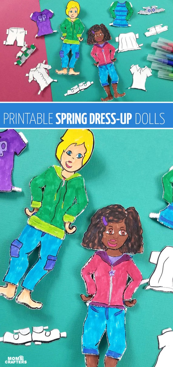 Printable paper dolls for boys girls spring dress up paper craft template coloring pages for kids paper toy pdf instant download