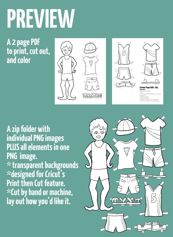 Printable paper dolls summer boy summer paper craft template and coloring pages for kids paper toy for boys pdf instant download