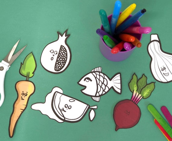 Rosh hashanah craft and coloring pages simanim puppets for kids toddler preschool and older jewish high holiday paper toy template
