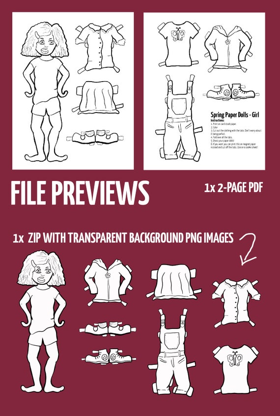Printable paper dolls spring girl spring paper craft template and coloring pages for kids paper toy for girls pdf instant download
