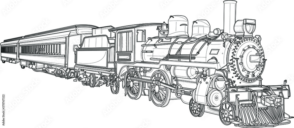 Realistic steam train sketch template cartoon vector illustration in black and white for games background pattern decor print for fabrics and other surfaces coloring paper page story book vector