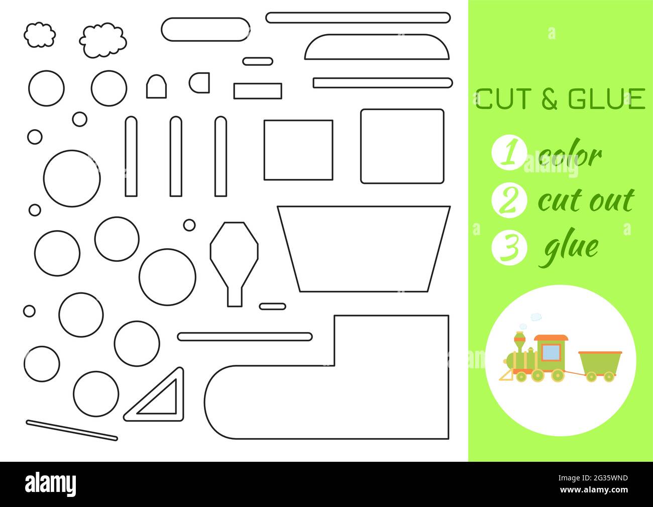 Color cut and glue paper green train cut and paste craft activity page educational game for preschool children diy worksheet kids logic game act stock vector image art