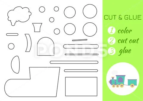 Color cut and glue paper green train cut and paste craft activity page edu royalty free