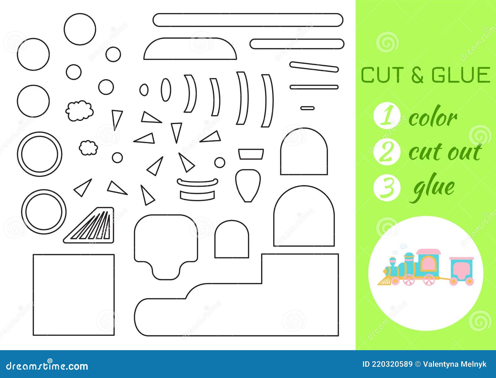 Color cut and glue paper turquoise train cut and paste craft activity page educational game for preschool children stock vector