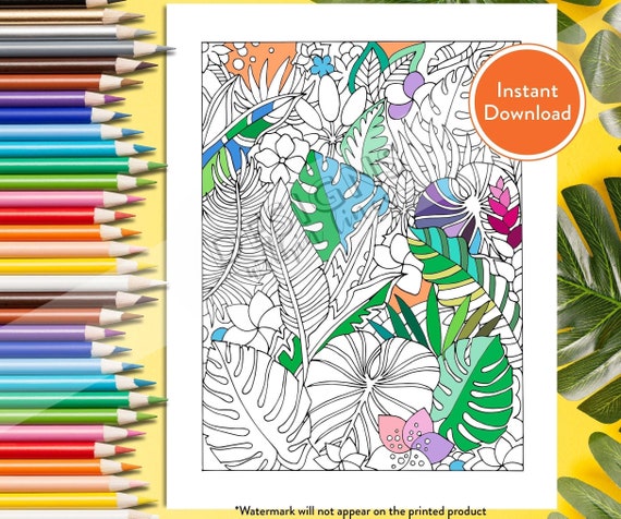 Printable tropical leaves digital coloring page instant download
