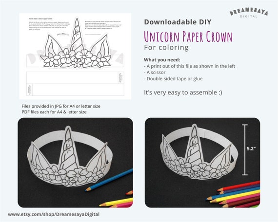 Printable unicorn horn and ears paper hat unicorn coloring page instant download paper crown kids party favor download now