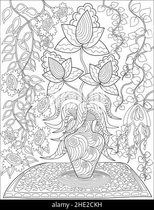 Flower vase on table with roses and assorted flowers with background wall paper flowers line drawing coloring book stock vector image art