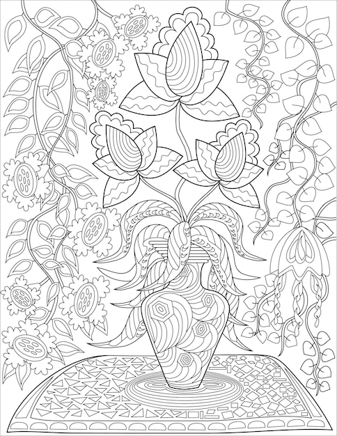 Premium vector flower vase on table with roses and assorted flowers with background wall paper flowers line
